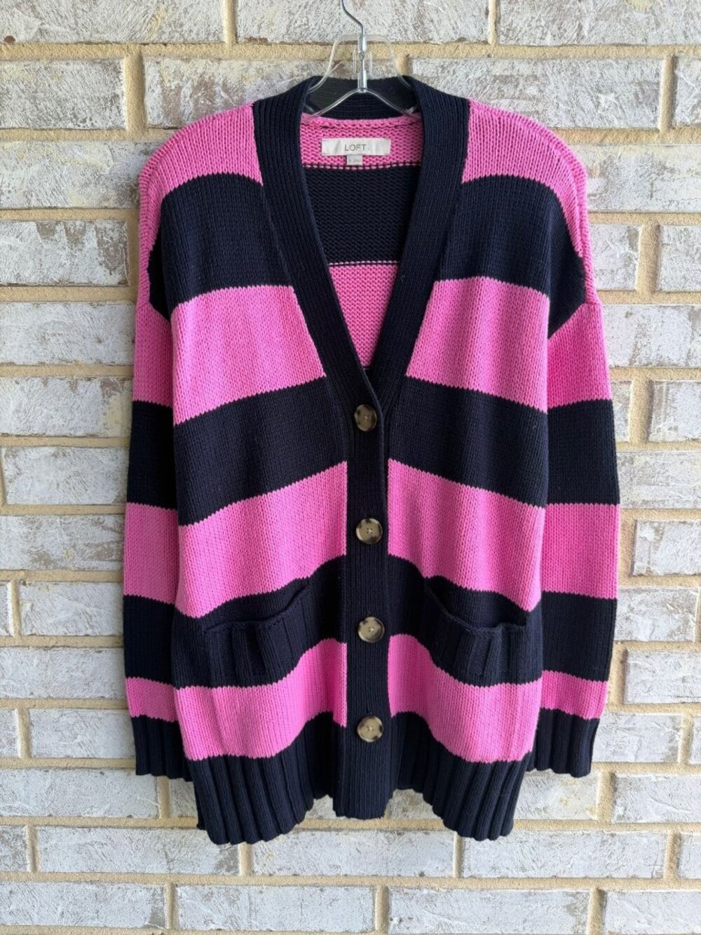 LOFT Long Sleeve V-Neck Button Front Blue/Pink Striped Cardigan Sweater Size S